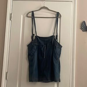 Super Cute, very soft linen like denim overall skirt with pockets.